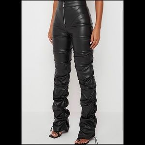 TACKED VEGAN LEATHER FLARED TROUSERS - BLACK